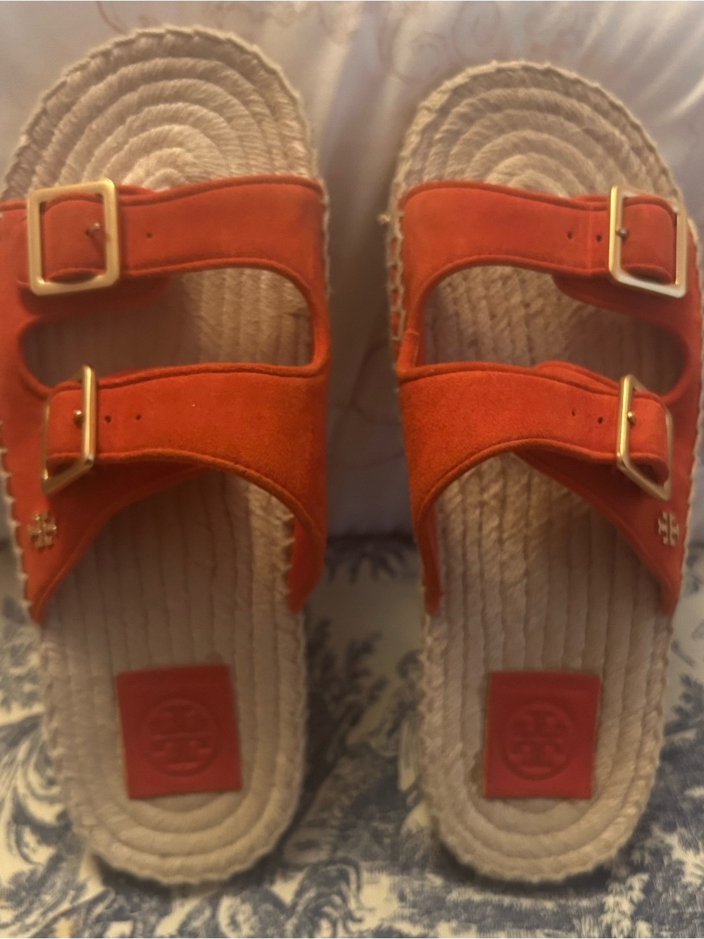 Tory Burch Selby Orange Suede Espadrille Slide Sandals Size 7 EUC